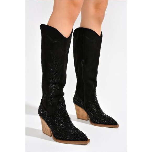 Anniston Black Rhinestone Glamour Country Western Cowgirl Knee Boots - Picture 3 of 12